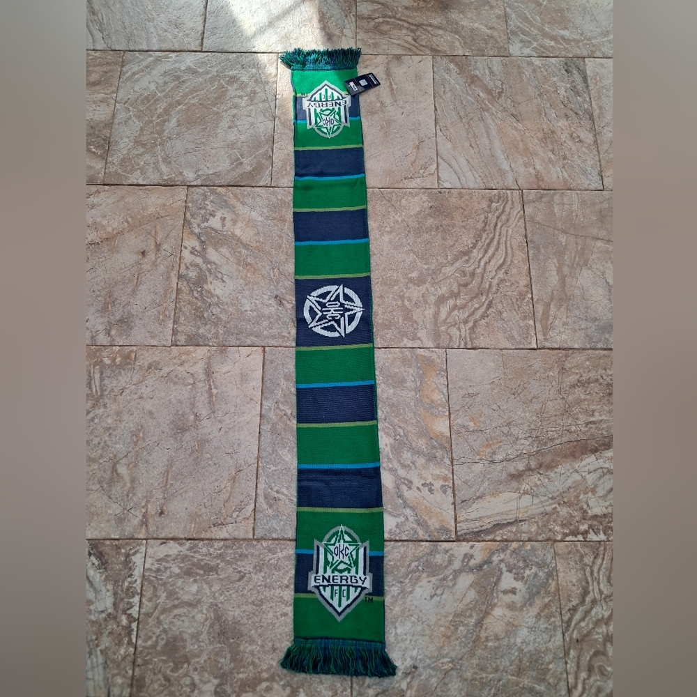 New OKC Energy FC Soccer Oklahoma City Knit Scarf Unisex Green Blue White Fringe - Picture 5 of 10